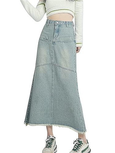 ORANDESIGNE Damen Maxi Long Jeans Rock Bleistift Jeansrock Hohe Taille A-Linie Lange Denim Röcke Freizeit Lässig Voller Länge Boutique Blau Denim Jeansrock im Used Look L Blau L von ORANDESIGNE