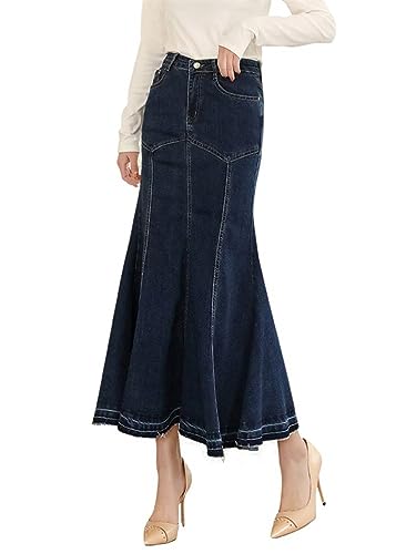 ORANDESIGNE Damen Maxi Long Jeans Rock Bleistift Jeansrock Hohe Taille A-Linie Lange Denim Röcke Freizeit Lässig Voller Länge Boutique Blau Denim Jeansrock im Used Look M Blau M von ORANDESIGNE