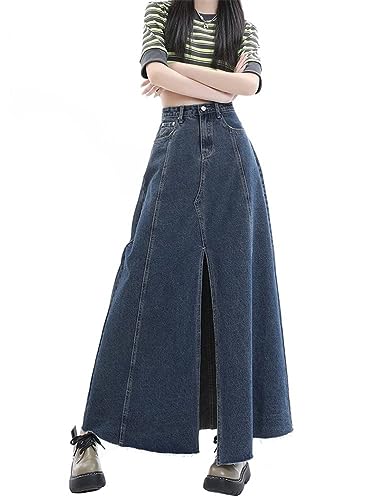 ORANDESIGNE Damen Maxi Long Jeans Rock Bleistift Jeansrock Hohe Taille A-Linie Lange Denim Röcke Freizeit Lässig Voller Länge Boutique Blau Denim Jeansrock im Used Look N Blau L von ORANDESIGNE