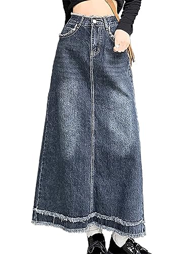 ORANDESIGNE Damen Maxi Long Jeans Rock Bleistift Jeansrock Hohe Taille A-Linie Lange Denim Röcke Freizeit Lässig Voller Länge Boutique Blau Denim Jeansrock im Used Look R Blau XXL von ORANDESIGNE