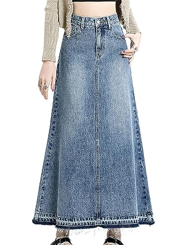 ORANDESIGNE Damen Maxi Long Jeans Rock Bleistift Jeansrock Hohe Taille A-Linie Lange Denim Röcke Freizeit Lässig Voller Länge Boutique Blau Denim Jeansrock im Used Look U Blau M von ORANDESIGNE