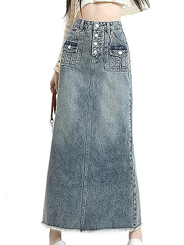 ORANDESIGNE Damen Maxi Long Jeans Rock Bleistift Jeansrock Hohe Taille A-Linie Lange Denim Röcke Freizeit Lässig Voller Länge Boutique Blau Denim Jeansrock im Used Look V Hellblau M von ORANDESIGNE