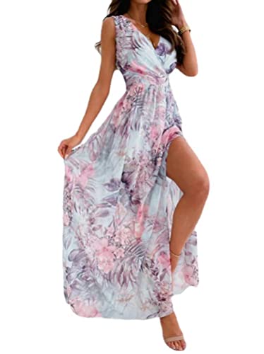 ORANDESIGNE Damen Maxikleider Sommerkleid Cocktailkleid Lange Blumen V-Ausschnitt Bunte Maxi Sommerkleider Großen Größen F Hellgrün 42 von ORANDESIGNE