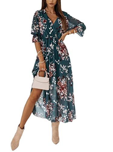 ORANDESIGNE Damen Maxikleider Sommerkleid Cocktailkleid Lange Blumen V-Ausschnitt Bunte Maxi Sommerkleider Großen Größen G Grün 42 von ORANDESIGNE