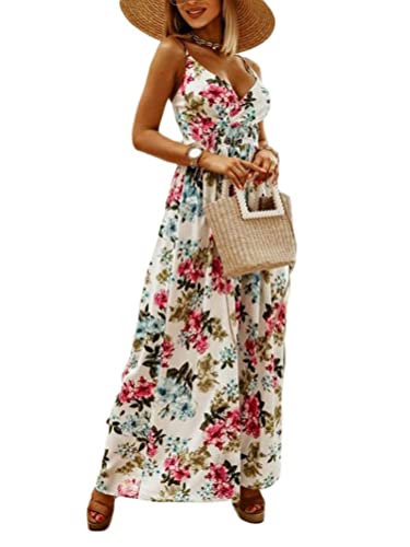 ORANDESIGNE Damen Maxikleider Sommerkleid Cocktailkleid Lange Blumen V-Ausschnitt Bunte Maxi Sommerkleider Großen Größen H Beige 34 von ORANDESIGNE