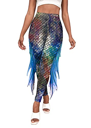 ORANDESIGNE Damen Meerjungfrau Leggings mit Flossen Hohe Taille Fischschuppen Strumpfhosen Halloween Karneval Kostüm Skinny Hose Mermaid Trousers Schuppenmuster Leggings A Navy Blau L von ORANDESIGNE