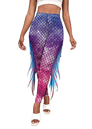 ORANDESIGNE Damen Meerjungfrau Leggings mit Flossen Hohe Taille Fischschuppen Strumpfhosen Halloween Karneval Kostüm Skinny Hose Mermaid Trousers Schuppenmuster Leggings A Violett XL von ORANDESIGNE