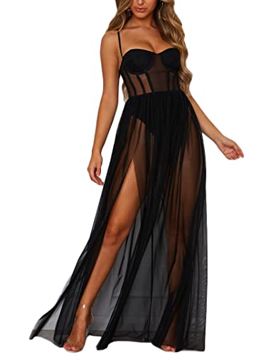 ORANDESIGNE Damen Mesh Strandkleider Sexy Durchsichtig Badeanzug Bikini Cover Up Rave Festival Club Midikleid Schwarz Transparent Kleid Unterkleid Streetwear Clubwear B Schwarz M von ORANDESIGNE