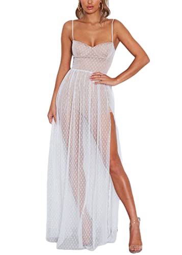 ORANDESIGNE Damen Mesh Strandkleider Sexy Durchsichtig Badeanzug Bikini Cover Up Rave Festival Club Midikleid Schwarz Transparent Kleid Unterkleid Streetwear Clubwear D Weiß M von ORANDESIGNE