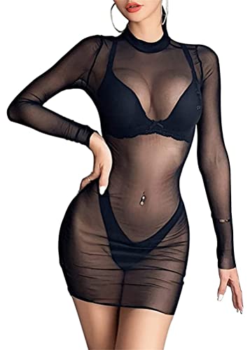 ORANDESIGNE Damen Mesh Strandkleider Sexy Durchsichtig Badeanzug Bikini Cover Up Rave Festival Club Midikleid Schwarz Transparent Kleid Unterkleid Streetwear Clubwear Z13 Schwarz M von ORANDESIGNE