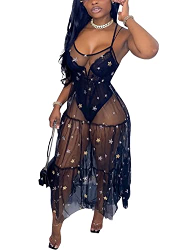 ORANDESIGNE Damen Mesh Strandkleider Sexy Durchsichtig Badeanzug Bikini Cover Up Rave Festival Club Midikleid Schwarz Transparent Kleid Unterkleid Streetwear Clubwear Z6 Schwarz XXL von ORANDESIGNE