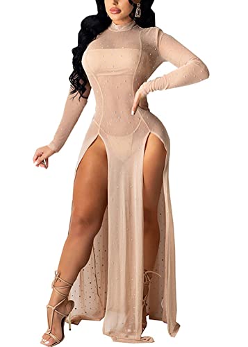 ORANDESIGNE Damen Mesh Strandkleider Sexy Durchsichtig Badeanzug Bikini Cover Up Rave Festival Club Midikleid Schwarz Transparent Kleid Unterkleid Streetwear Clubwear Z7 Khaki XS von ORANDESIGNE