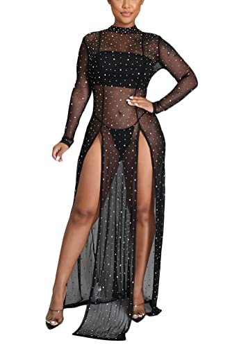 ORANDESIGNE Damen Mesh Strandkleider Sexy Durchsichtig Badeanzug Bikini Cover Up Rave Festival Club Midikleid Schwarz Transparent Kleid Unterkleid Streetwear Clubwear Z7 Schwarz S von ORANDESIGNE