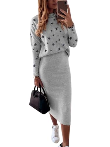 ORANDESIGNE Damen Midirock Set Elegant Outfits Anzug Gesetzt Rock und Top Sets Frauen Zweiteiler Pullover Oberteil und Slim Fit High Waist Rock A-hellgrau M von ORANDESIGNE