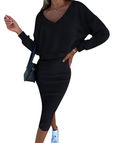 ORANDESIGNE Damen Midirock Set Elegant Outfits Anzug Gesetzt Rock und Top Sets Frauen Zweiteiler Pullover Oberteil und Slim Fit High Waist Rock B Schwarz XL von ORANDESIGNE