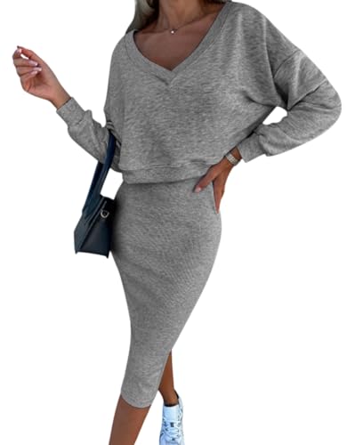 ORANDESIGNE Damen Midirock Set Elegant Outfits Anzug Gesetzt Rock und Top Sets Frauen Zweiteiler Pullover Oberteil und Slim Fit High Waist Rock B grau S von ORANDESIGNE