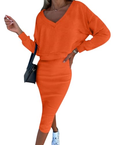 ORANDESIGNE Damen Midirock Set Elegant Outfits Anzug Gesetzt Rock und Top Sets Frauen Zweiteiler Pullover Oberteil und Slim Fit High Waist Rock B orange L von ORANDESIGNE