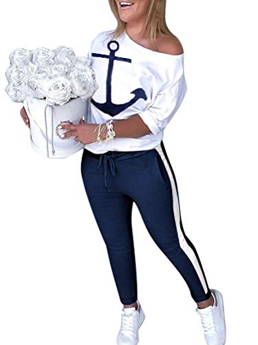 ORANDESIGNE Damen Mode 2 Stück Set Outfits Langarm Trägerlos T-Shirt +Reizvolle Bodycon Paket Hüfte Hosen Beiläufig Outfit Sport Bekleidung (44, A Weiß) von ORANDESIGNE