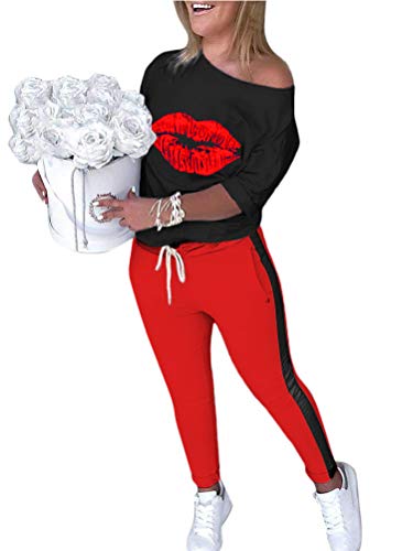 ORANDESIGNE Damen Mode 2 Stück Set Outfits Langarm Trägerlos T-Shirt +Reizvolle Bodycon Paket Hüfte Hosen Beiläufig Outfit Sport Bekleidung D Rot 36 von ORANDESIGNE