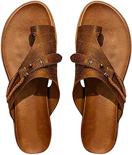 ORANDESIGNE Damen Mode Sommer Sandalen Casual Ring Toe Wedges Leder Hausschuhe Sandalen Outdoor-Schuhe Pantoffeln Slippers Keilabsatz Schuhe Plateau Bequeme Orthopädische Sandalen A Braun 41 EU von ORANDESIGNE