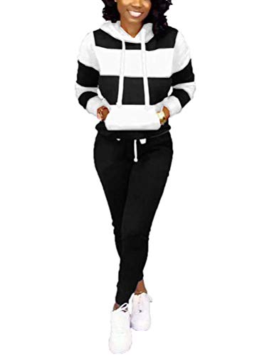 ORANDESIGNE Damen Mode Streifen Trainingsanzug Frauen Lange Ärmel Kapuzenpullover + Lange Jogginghose Sportswear 2 Stück Set Sport Yoga Outfit A Schwarz L von ORANDESIGNE