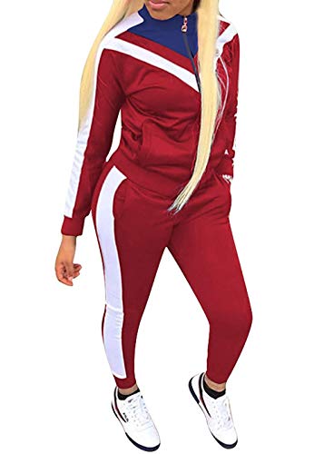 ORANDESIGNE Damen Mode Streifen Trainingsanzug Mädchen Lange Ärmel Zipper Top + Lange Hose Sportswear 2 Stück Bekleidungsset Sport Rot DE 42 von ORANDESIGNE