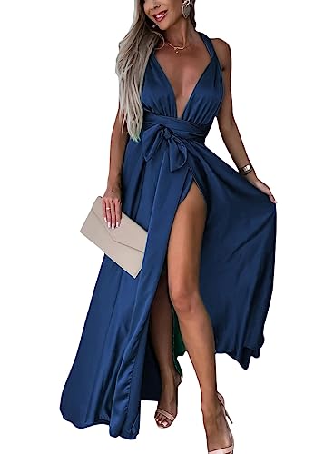 ORANDESIGNE Damen Multiway Lange Abendkleid Hochzeit Brautjungfernkleid Bodenlang Partykleid Cocktailkleid Cabrio Wickelkleid V-Ausschnitt Festlich Kleid Rückenfrei Maxikleid B Marine M von ORANDESIGNE