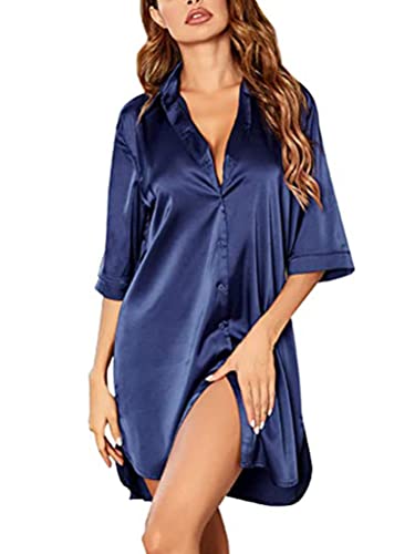 ORANDESIGNE Damen Nachthemd Satin Sexy Negligee Kurz Nachtwäsche Nachtkleid V-Ausschnitt Nachthemden Satin 3/4 Ärmel Hemdkleid Sleepwear A Navy Blau L von ORANDESIGNE