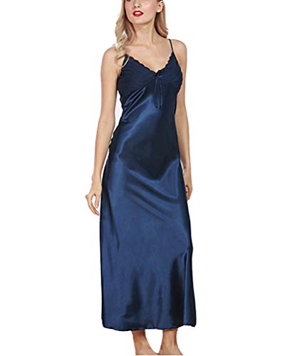 ORANDESIGNE Damen Nachthemd Sexy Negligee Sommer Nachtwäsche Satin Langes Kleid Lingerie Bequem Nachtkleid V Ausschnitt Pyjamas Sleepwear Blau 38 von ORANDESIGNE