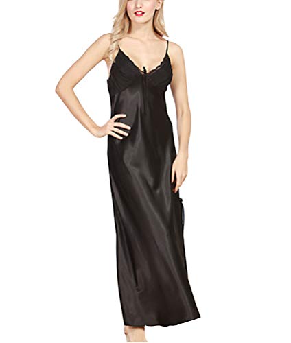 ORANDESIGNE Damen Nachthemd Sexy Negligee Sommer Nachtwäsche Satin Langes Kleid Lingerie Bequem Nachtkleid V Ausschnitt Pyjamas Sleepwear Schwarz 40 von ORANDESIGNE