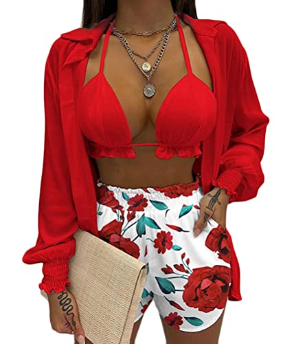 ORANDESIGNE Damen Neckholder-Schlauchoberteil + Langarmshirt + Shorts Dreiteiliger Langarm Blusen Sommer Shorts 3-teiler Outfit Mode Sexy Kombi Freizeit Anzug B Rot M von ORANDESIGNE