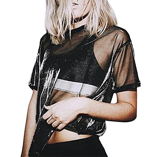 ORANDESIGNE Damen Netzoberteil Transparent Tüll Mesh Bluse Langarm Top Party Clubwear F Schwarz L von ORANDESIGNE