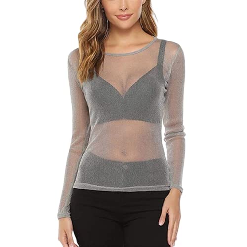 ORANDESIGNE Damen Netzstoff T-Shirt Rundhals Oberteil Glitzer-Top Kurzarm Durchsichtig Crop Top Transparent Bauchfrei T-Shirts Z1 Grau S von ORANDESIGNE