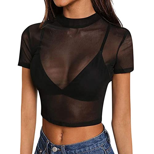 ORANDESIGNE Damen Netzstoff T-Shirt Rundhals Party Oberteil Glitzer-Top Kurzarm Durchsichtig Crop Top Transparent Bauchfrei T-Shirts Club Mesh Oberteile Bluse Tunika B Schwarz S von ORANDESIGNE