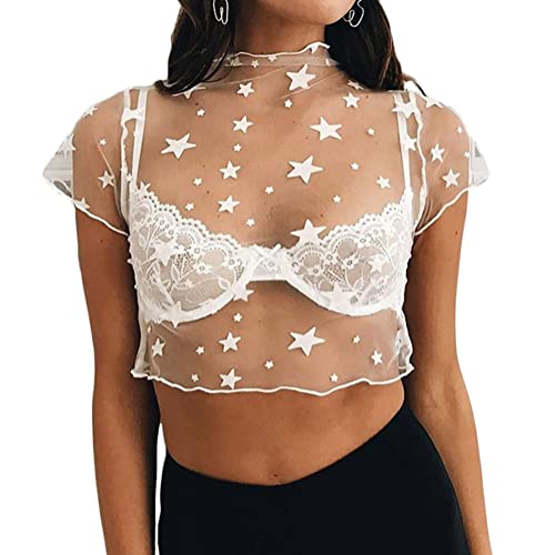 ORANDESIGNE Damen Netzstoff T-Shirt Rundhals Party Oberteil Glitzer-Top Kurzarm Durchsichtig Crop Top Transparent Bauchfrei T-Shirts Club Mesh Oberteile Bluse Tunika J Weiß M von ORANDESIGNE