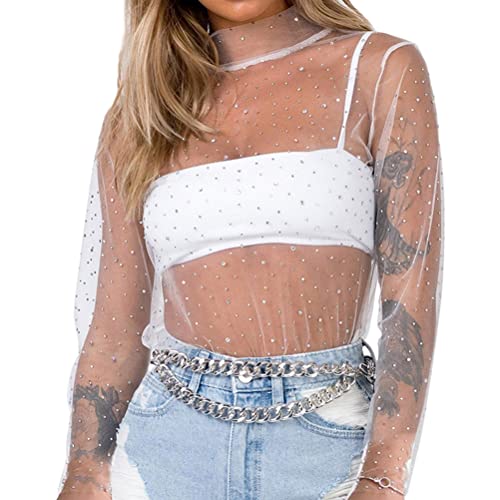 ORANDESIGNE Damen Netzstoff T-Shirt Rundhals Party Oberteil Glitzer-Top Kurzarm Durchsichtig Crop Top Transparent Bauchfrei T-Shirts Club Mesh Oberteile Bluse Tunika M Weiß XS von ORANDESIGNE