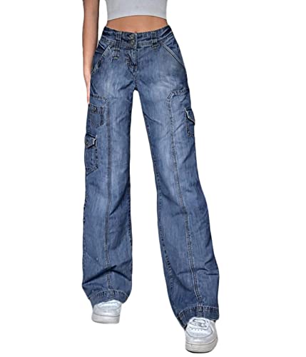 ORANDESIGNE Damen Niedrige Taille Jeans Baggy Boyfriend Jeanshose Cargohosen Gerade Breites Bein Denim Hosen Y2k Indie Aesthetic Vintage Jeanshosen 90er E-Girl Streetwear P Blau XS von ORANDESIGNE