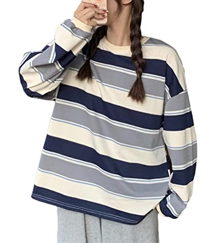 ORANDESIGNE Damen Oversize Gestreifter Blau Langarmshirts Unisex Harajuku Farbblock Streifen Langes Sweatshirt Lässig Lange Ärmel Crewneck T-Shirt Tops Teenager Mädchen Oberteile H L von ORANDESIGNE