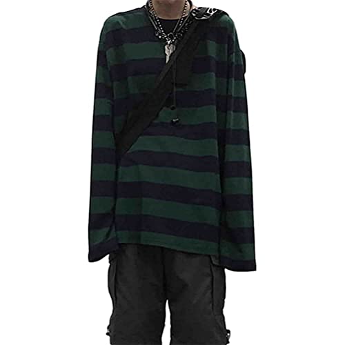 ORANDESIGNE Damen Oversize Gestreifter Langarmshirts Unisex Harajuku Farbblock Streifen Langes Sweatshirt Lässig Lange Ärmel Crewneck T-Shirt Tops Teenager Mädchen Oberteile A Grün S von ORANDESIGNE