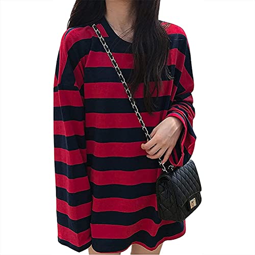 ORANDESIGNE Damen Oversize Gestreifter Langarmshirts Unisex Harajuku Farbblock Streifen Langes Sweatshirt Lässig Lange Ärmel Crewneck T-Shirt Tops Teenager Mädchen Oberteile A Rot L von ORANDESIGNE