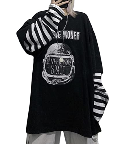 ORANDESIGNE Damen Oversize Gestreifter Langarmshirts Unisex Harajuku Farbblock Streifen Langes Sweatshirt Lässig Lange Ärmel Crewneck T-Shirt Tops Teenager Mädchen Oberteile C Schwarz L von ORANDESIGNE