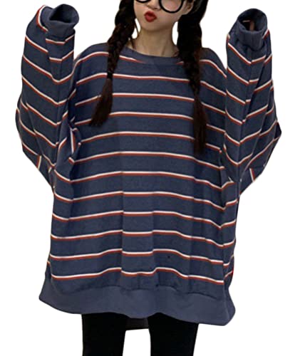 ORANDESIGNE Damen Oversize Gestreifter Langarmshirts Unisex Harajuku Farbblock Streifen Langes Sweatshirt Lässig Lange Ärmel Crewneck T-Shirt Tops Teenager Mädchen Oberteile E Blau XXL von ORANDESIGNE