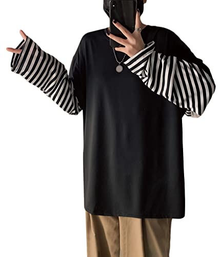 ORANDESIGNE Damen Oversize Gestreifter Langarmshirts Unisex Harajuku Farbblock Streifen Langes Sweatshirt Lässig Lange Ärmel Crewneck T-Shirt Tops Teenager Mädchen Oberteile G Schwarz XXL von ORANDESIGNE
