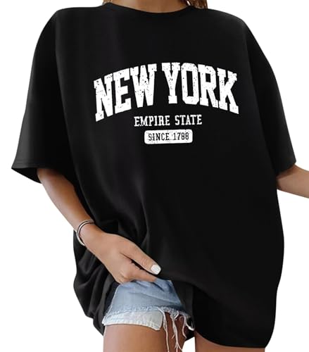 ORANDESIGNE Damen Oversized Graphic Print Kurzarm Tunika Tops Rundhals Casual Drop Shoulder T Shirts, B New York Schwarz, X-Groß von ORANDESIGNE