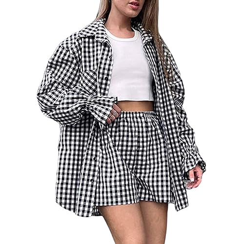 ORANDESIGNE Damen Oversized Kariertes Hemd mit Knopfleiste Langarm Oktoberfest Bluse Karo Tunika Tops Casual V-Ausschnitt Oberteile H Schwarz XS von ORANDESIGNE