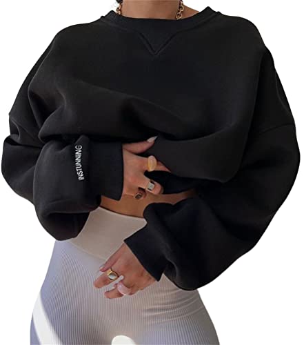 ORANDESIGNE Damen Oversized Sweatshirt Briefe Drucken Langarm Rundhals Pullover Warm Pulli Casual Bequem Teenager Mädchen Hoodie Sportbekleidung B Schwarz M von ORANDESIGNE
