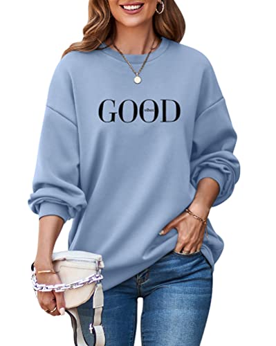 ORANDESIGNE Damen Oversized Sweatshirt Good Vibes Beschriftung Drucken Langarm Rundhals Pullover Warm Pulli Casual Bequem Teenager Mädchen Hoodie Sportbekleidung A Blau M von ORANDESIGNE
