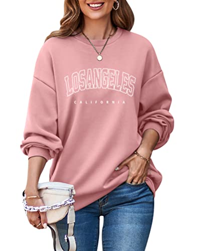 ORANDESIGNE Damen Oversized Sweatshirt Good Vibes Beschriftung Drucken Langarm Rundhals Pullover Warm Pulli Casual Bequem Teenager Mädchen Hoodie Sportbekleidung B Rosa XL von ORANDESIGNE