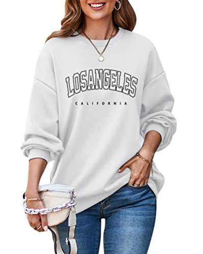 ORANDESIGNE Damen Oversized Sweatshirt Good Vibes Beschriftung Drucken Langarm Rundhals Pullover Warm Pulli Casual Bequem Teenager Mädchen Hoodie Sportbekleidung B Weiß XL von ORANDESIGNE