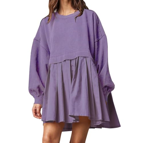 ORANDESIGNE Damen Oversized Sweatshirt Kleid Langarm Rundhalsausschnitt Pullover Oberteile Lockere Passform Übergröße Sweatshirts Patchwork Plissee Minikleid Pulloverkleid A Violett S von ORANDESIGNE